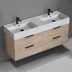 Double Floating Bathroom Vanity, Modern, 56 inch, Marble Style Sink