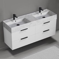Double Floating Bathroom Vanity, Modern, 56 inch, Marble Style Sink