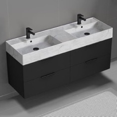 Double Floating Black Bathroom Vanity, Modern, 56 inch, Marble Style Sink