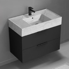 Floating Black Bathroom Vanity, Modern, 32 inch, Marble Style Sink