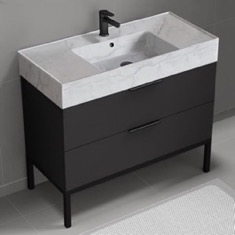 Modern Black Bathroom Vanity, 40 inch, Marble Style Sink, Free Standing