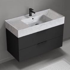 Floating Black Bathroom Vanity, Modern, 40 inch, Marble Style Sink