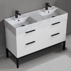 Modern Double Bathroom Vanity, 48 inch, Marble Style Sink, Free Standing