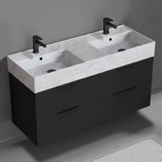 Double Floating Black Bathroom Vanity, Modern, 48 inch, Marble Style Sink