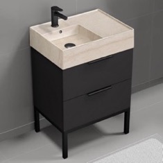 Modern Small Black Bathroom Vanity, 24 inch, Travertine Style Sink, Free Standing