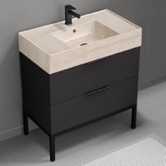 Modern Black Bathroom Vanity, 32 inch, Travertine Style Sink, Free Standing