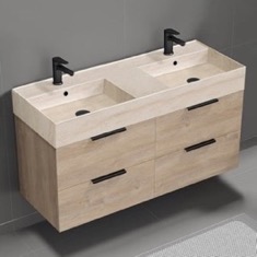 Double Floating Bathroom Vanity, Modern, 48 inch, Travertine Style Sink