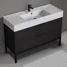 Modern Black Bathroom Vanity, 48 inch, Marble Style Sink, Free Standing