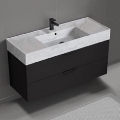 Floating Black Bathroom Vanity, Modern, 48 inch, Marble Style Sink