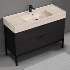 Modern Black Bathroom Vanity, 48 inch, Travertine Style Sink, Free Standing