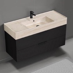 Floating Black Bathroom Vanity, Modern, 48 inch, Travertine Style Sink