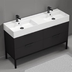 Modern Black Double Bathroom Vanity, 56 inch, Free Standing