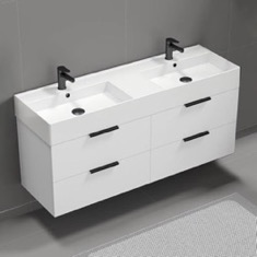 Double Floating Bathroom Vanity, Modern, 56 inch