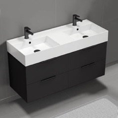 Double Floating Black Bathroom Vanity, Modern, 48 inch