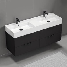 Double Floating Black Bathroom Vanity, Modern, 56 inch