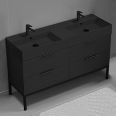 Black Double Modern Bathroom Vanity, 56 inch, Free Standing
