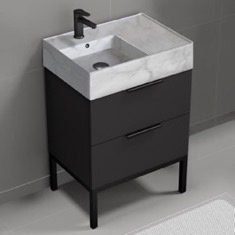 Modern Small Black Bathroom Vanity, 24 inch, Marble Style Sink, Free Standing