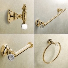 Wall Mounted 4 Piece Gold Finish Hardware Set with Crystals