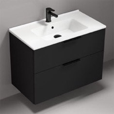 Wall Mounted Black Bathroom Vanity, Modern, 34 inch