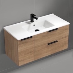 40 inch Floating Bathroom Vanity With Sink - Modern, Weathered Light Oak