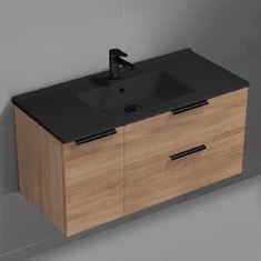 40 inch Floating Bathroom Vanity With Black Sink - Modern, Weathered Light Oak