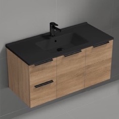40 inch Floating Bathroom Vanity With Black Sink - Modern, Weathered Light Oak