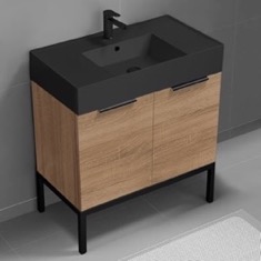 32 inch Bathroom Vanity With Black Sink - Modern, Weathered Light Oak, Free Standing