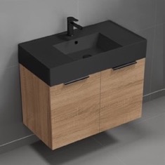 32 inch Floating Bathroom Vanity With Black Sink - Modern, Weathered Light Oak