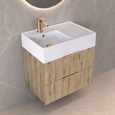 Fluted Floating Bathroom Vanity - 24 inch, Modern, Rustic Brown Oak, Gold Handles, Fluted Cabinet
