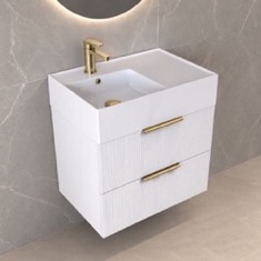 Fluted Floating Bathroom Vanity - 24 inch, Modern, Glossy White, Gold Handles, Fluted Cabinet