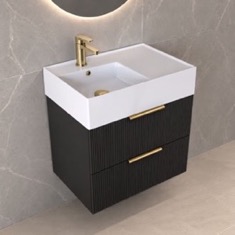 Fluted Floating Bathroom Vanity - 24 inch, Small, Modern, Matte Black, Gold Handles, Fluted Cabinet
