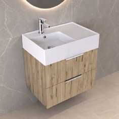 Fluted Floating Bathroom Vanity - 24 inch, Small, Modern, Rustic Brown Oak, Chrome Handles, Fluted Cabinet
