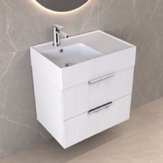 Fluted Floating Bathroom Vanity - 24 inch, Small, Modern, Glossy White, Chrome Handles, Fluted Cabinet