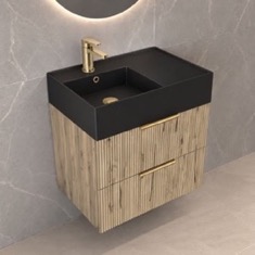 Fluted Floating Bathroom Vanity - 24 inch, Small, Modern, Rustic Brown Oak, Gold Handles, Fluted Cabinet