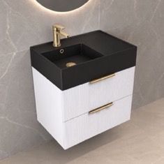 Fluted Floating Bathroom Vanity - 24 inch, Small, Modern, Glossy White, Gold Handles, Fluted Cabinet