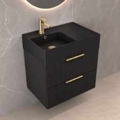 Fluted Black Floating Bathroom Vanity - 24 inch, Small, Modern, Matte Black, Gold Handles, Fluted Cabinet