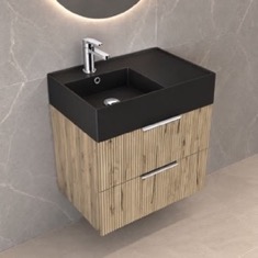 Fluted Floating Bathroom Vanity - 24 inch, Small, Modern, Rustic Brown Oak, Chrome Handles, Fluted Cabinet
