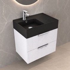 Fluted Floating Bathroom Vanity - 24 inch, Small, Modern, Glossy White, Chrome Handles, Fluted Cabinet