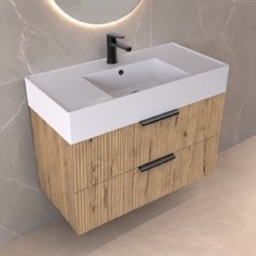 Fluted Floating Bathroom Vanity - 32 inch, Modern, Rustic Brown Oak, Fluted Cabinet