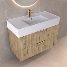 Fluted Floating Bathroom Vanity - 32 inch, Modern, Rustic Brown Oak, Gold Handles, Fluted Cabinet