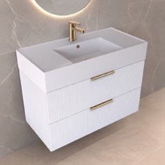Fluted Floating Bathroom Vanity - 32 inch, Modern, Glossy White, Gold Handles, Fluted Cabinet