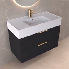 Fluted Floating Bathroom Vanity - 32 inch, Modern, Matte Black, Gold Handles, Fluted Cabinet