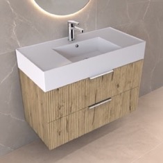 Fluted Floating Bathroom Vanity - 32 inch, Modern, Rustic Brown Oak, Chrome Handles, Fluted Cabinet