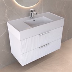 Fluted Floating Bathroom Vanity - 32 inch, Modern, Glossy White, Chrome Handles, Fluted Cabinet