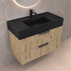 Fluted Floating Bathroom Vanity - 32 inch, Modern, Rustic Brown Oak, Fluted Cabinet