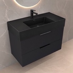 Fluted Black Floating Bathroom Vanity - 32 inch, Modern, Matte Black, Fluted Cabinet
