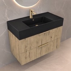 Fluted Floating Bathroom Vanity - 32 inch, Modern, Rustic Brown Oak, Gold Handles, Fluted Cabinet