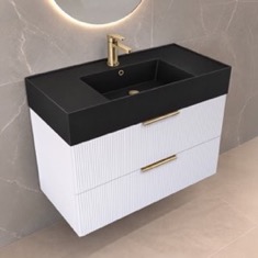 Fluted Floating Bathroom Vanity - 32 inch, Modern, Glossy White, Gold Handles, Fluted Cabinet