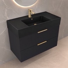 Fluted Black Floating Bathroom Vanity - 32 inch, Modern, Matte Black, Gold Handles, Fluted Cabinet