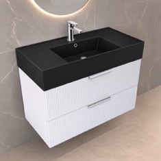 Fluted Floating Bathroom Vanity - 32 inch, Modern, Glossy White, Chrome Handles, Fluted Cabinet